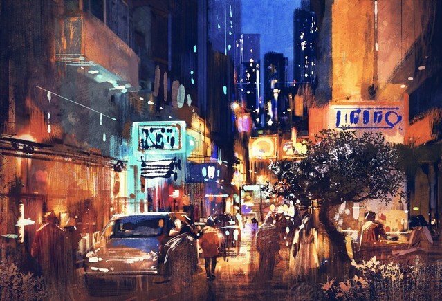 Colorful painting of night street illustration